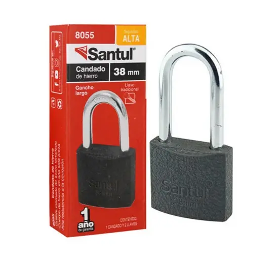 Candado cuerpo de hierro 38mm llave tradic., gancho largo